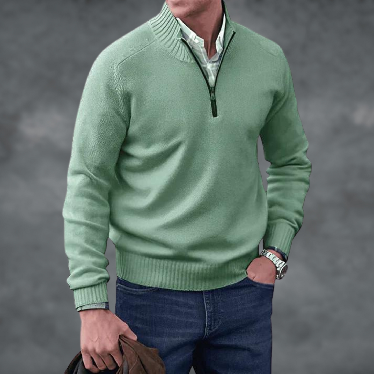 Halber Reißverschluss Pullover - Herren Stehkragen Strickpullover-Grün-S-Chaps Herrenmode