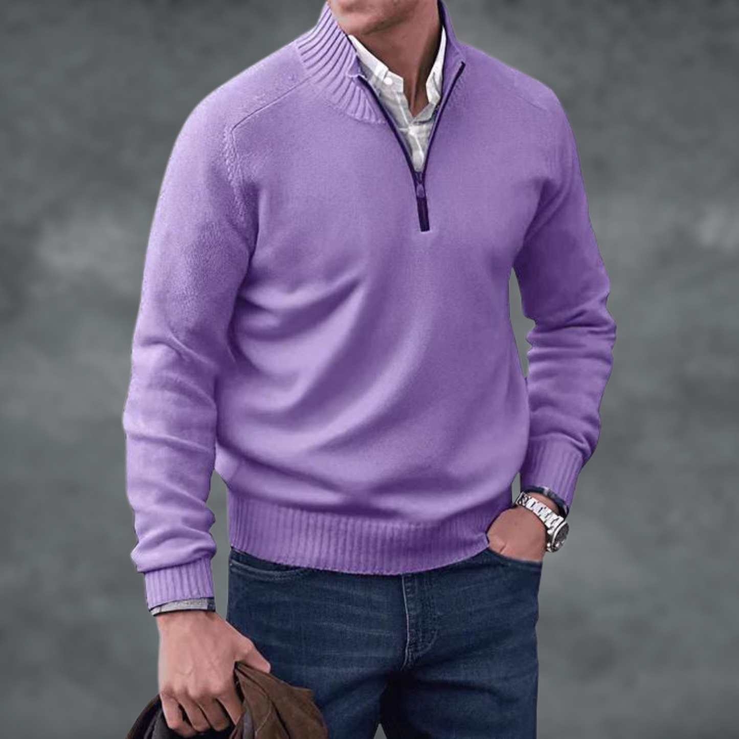 Halber Reißverschluss Pullover - Herren Stehkragen Strickpullover-Lila-S-Chaps Herrenmode