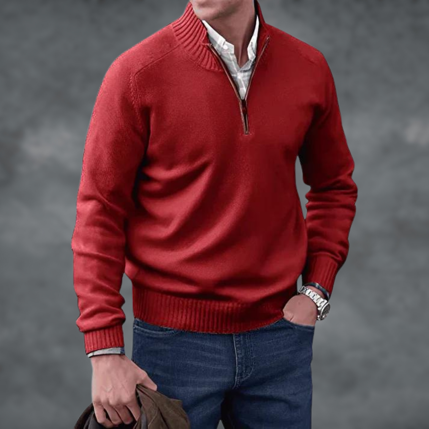 Halber Reißverschluss Pullover - Herren Stehkragen Strickpullover-Rot-S-Chaps Herrenmode