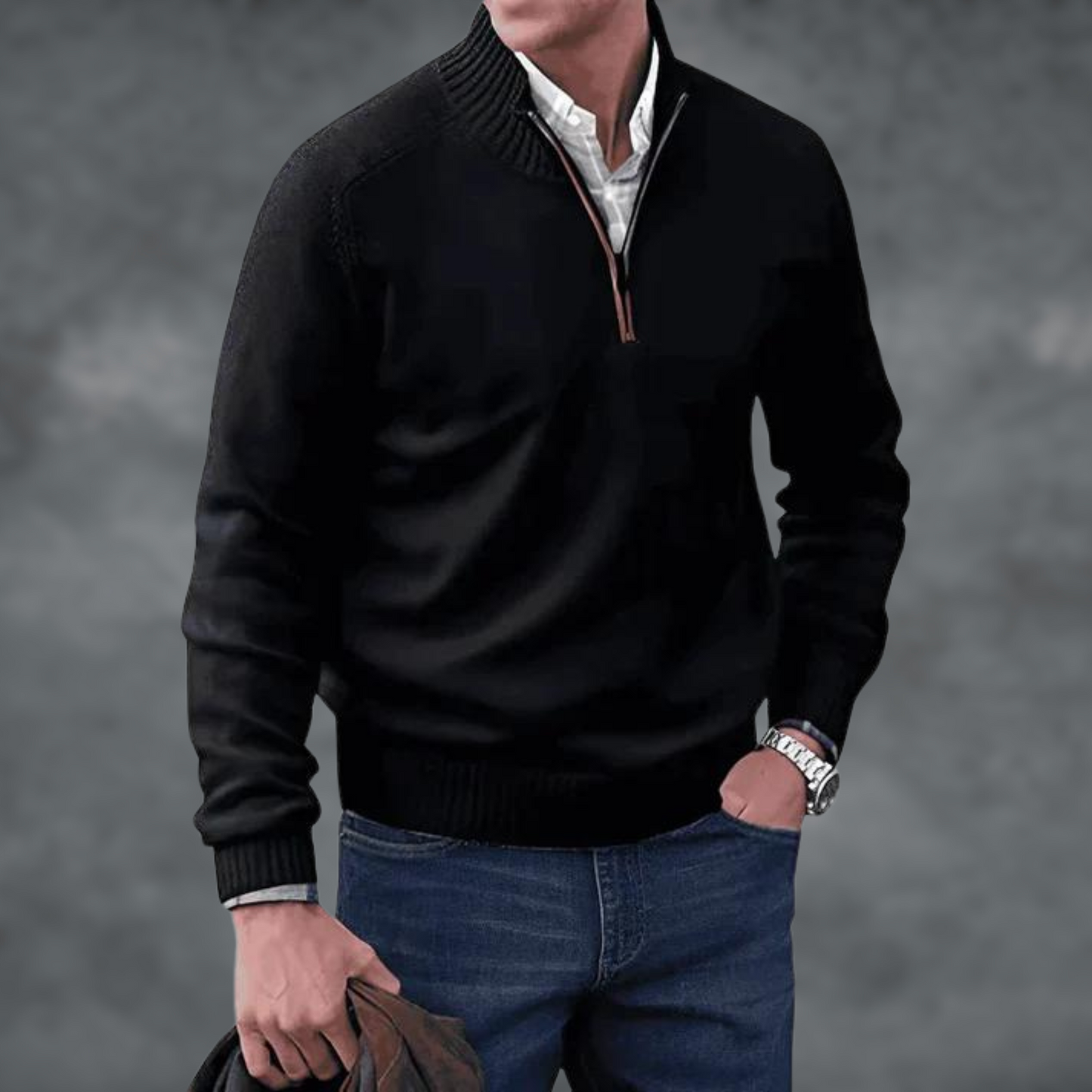 Halber Reißverschluss Pullover - Herren Stehkragen Strickpullover-Schwarz-S-Chaps Herrenmode