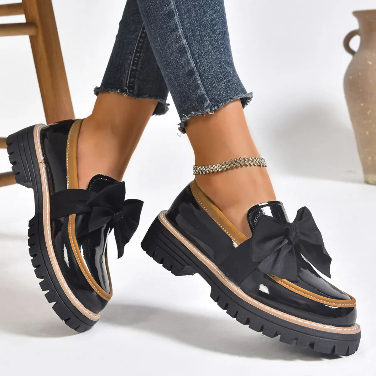 Elegante Damen Loafer Schuhe Mit Schleife