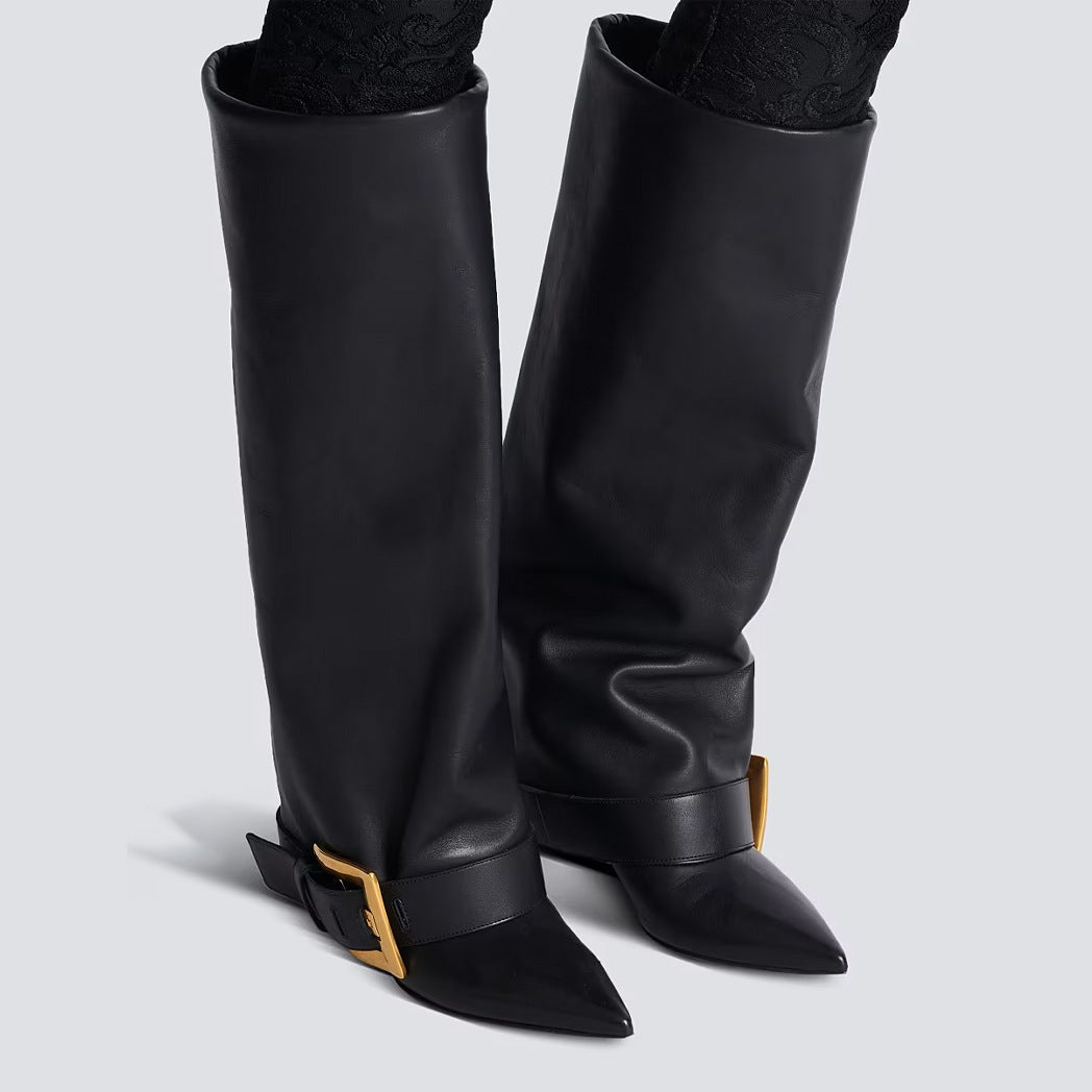 Velmira Stiefel Damen High Heel Gold Schnalle - BerlinGlamour