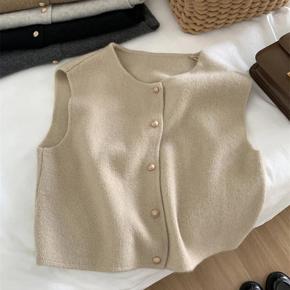 Damen Strickjacke Ärmellos Knopfverschluss Modern
