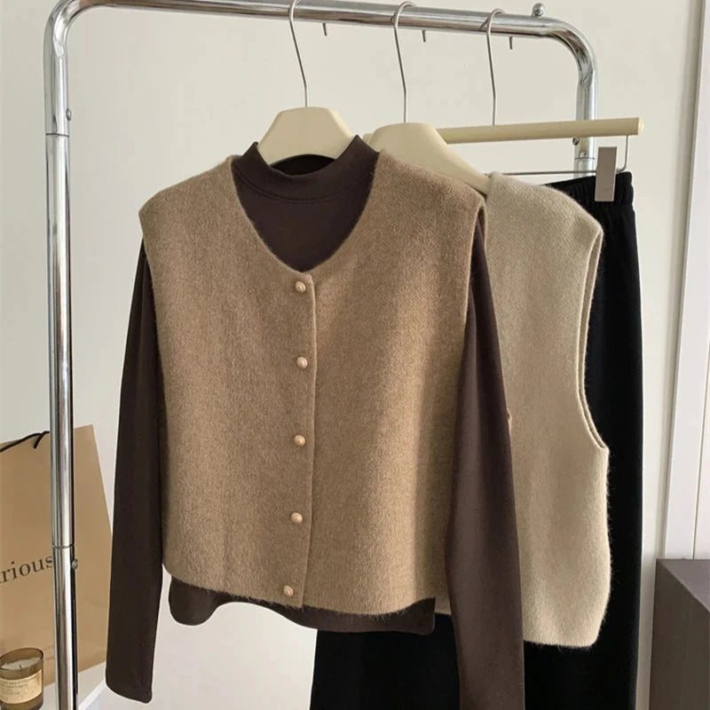 Damen Strickjacke Ärmellos Knopfverschluss Modern