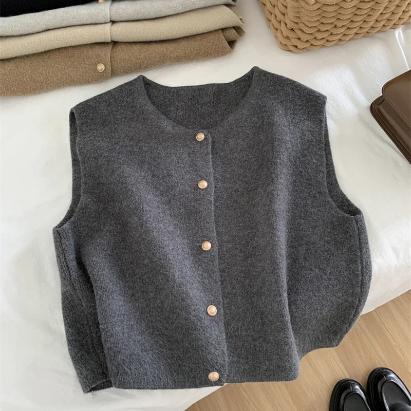 Damen Strickjacke Ärmellos Knopfverschluss Modern