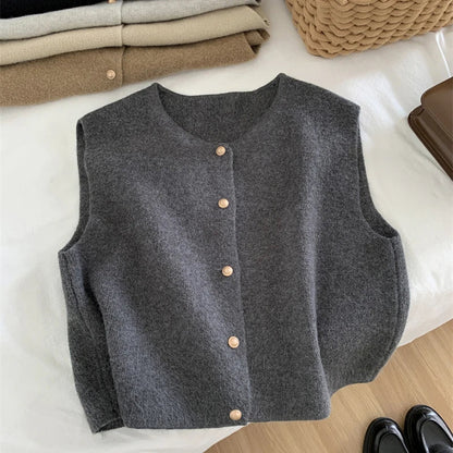 Damen Strickjacke Ärmellos Knopfverschluss Modern