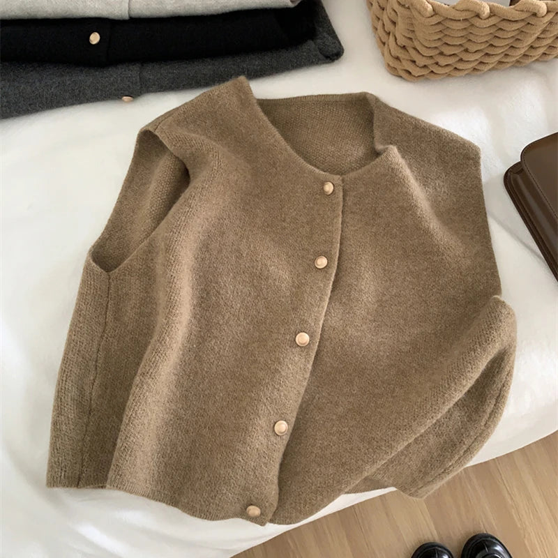Damen Strickjacke Ärmellos Knopfverschluss Modern
