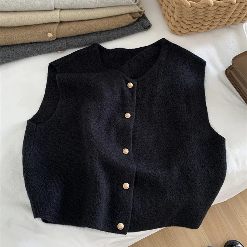 Damen Strickjacke Ärmellos Knopfverschluss Modern