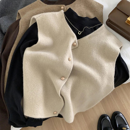 Damen Strickjacke Ärmellos Knopfverschluss Modern