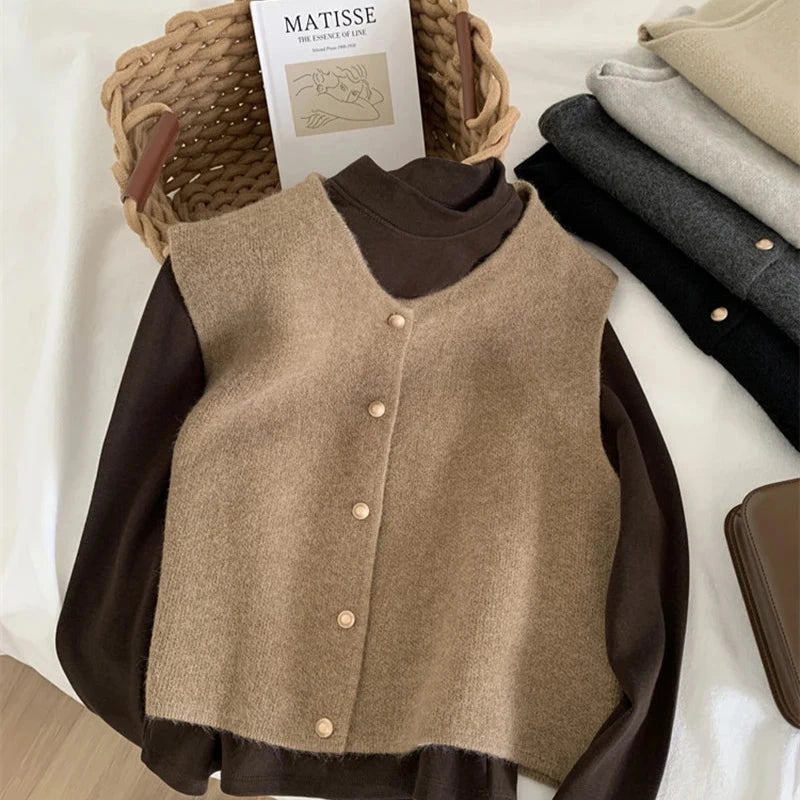 Damen Strickjacke Ärmellos Knopfverschluss Modern