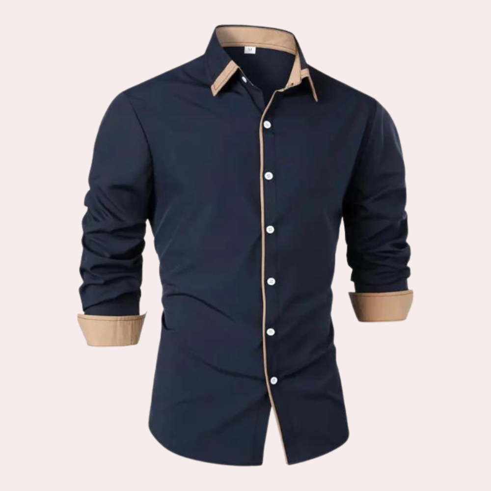 Hemd mit Knopfleiste | Lässig | Halskrause | Langarmhemd | Herrenhemd-Marineblau-S-Chaps Herrenmode