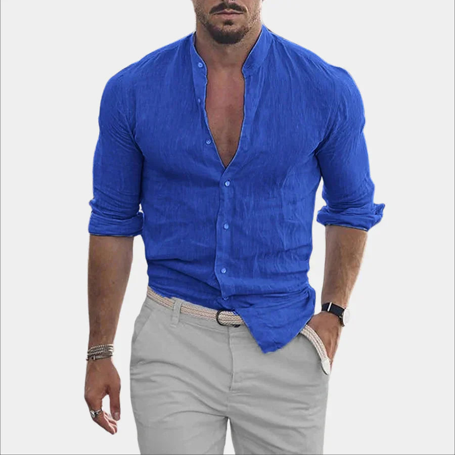 Hemd mit Knopfleiste – langärmlig – aus Baumwolle – Leinenhemd – Herrenhemden-Blau-M-Chaps Herrenmode