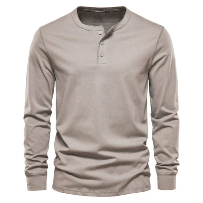 Henley Shirt | Einfarbig | Knopfleiste | Langarm T-Shirt | Herrenbekleidung-Beige-S-Chaps Herrenmode