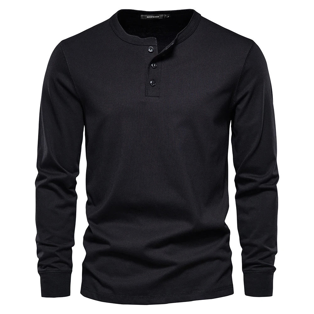 Henley Shirt | Einfarbig | Knopfleiste | Langarm T-Shirt | Herrenbekleidung-Schwarz-S-Chaps Herrenmode