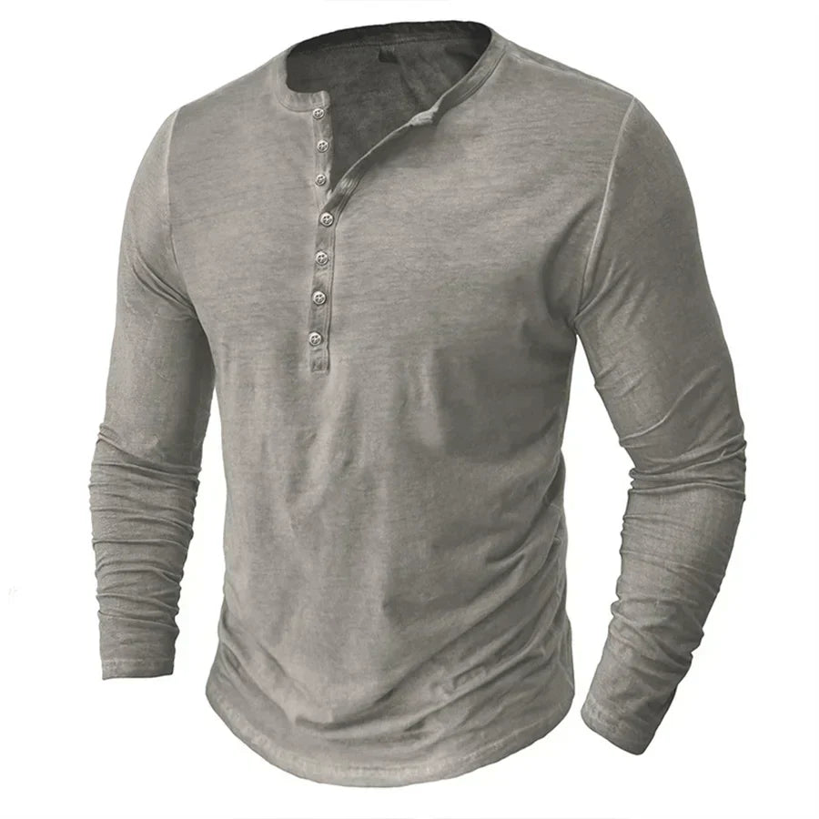 Henley-Shirt | Einfarbig | Knopfleiste am Kragen | Langärmliges T-Shirt | Herrenhemd-Grau-S-Chaps Herrenmode