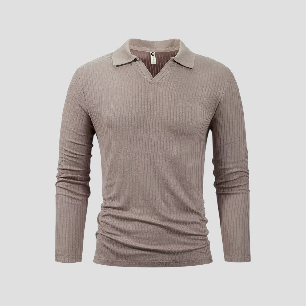 Herren-Poloshirt aus Baumwolle mit langen Ärmeln, Slim Fit, geripptes Oberteil mit V-Ausschnitt 0