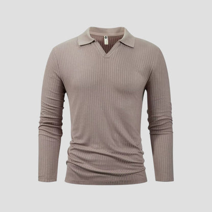 Herren-Poloshirt aus Baumwolle mit langen Ärmeln, Slim Fit, geripptes Oberteil mit V-Ausschnitt 0