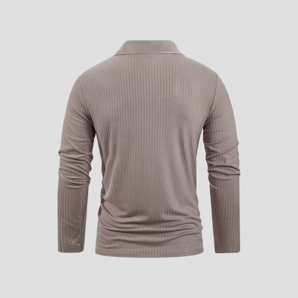 Herren-Poloshirt aus Baumwolle mit langen Ärmeln, Slim Fit, geripptes Oberteil mit V-Ausschnitt 1