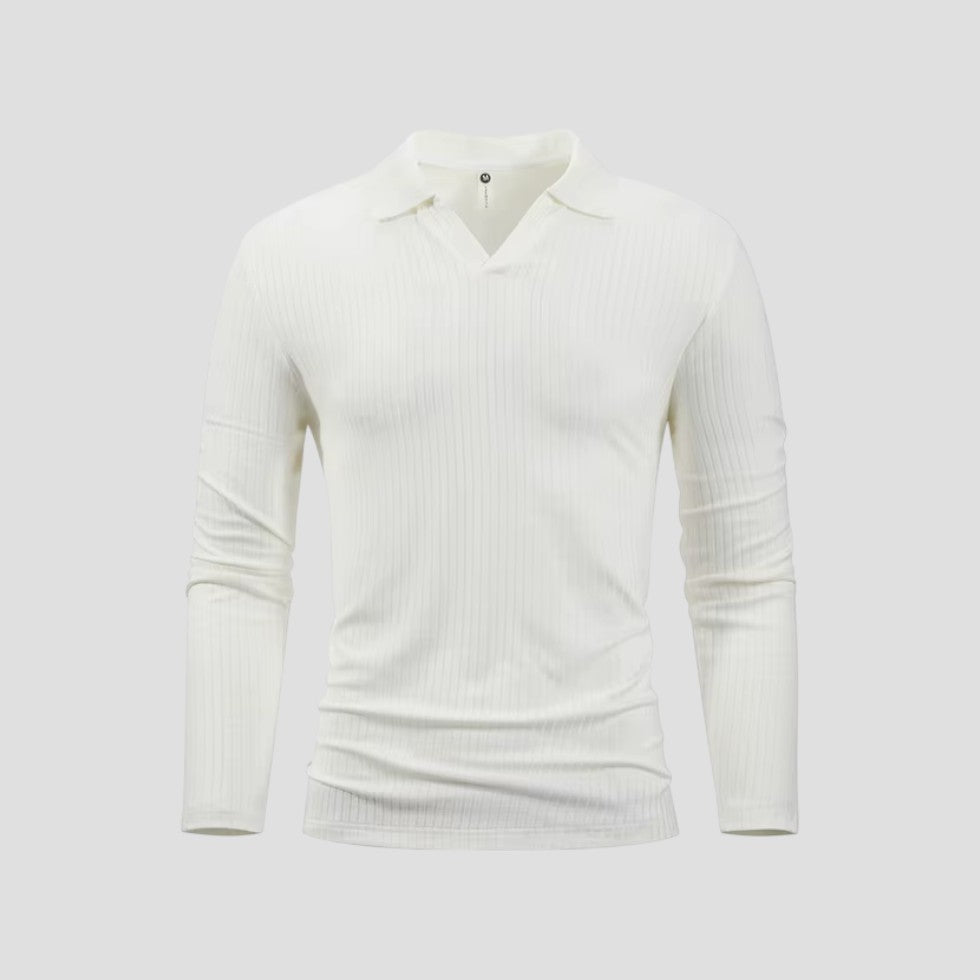 Herren-Poloshirt aus Baumwolle mit langen Ärmeln, Slim Fit, geripptes Oberteil mit V-Ausschnitt 3