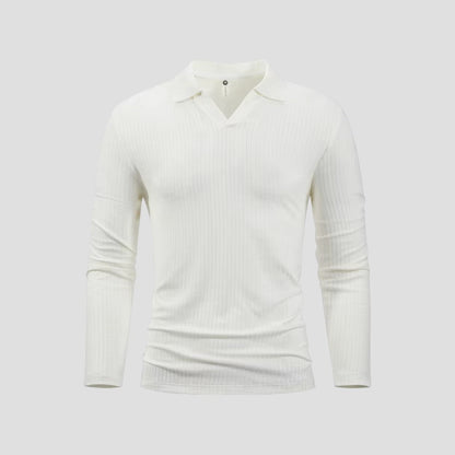 Herren-Poloshirt aus Baumwolle mit langen Ärmeln, Slim Fit, geripptes Oberteil mit V-Ausschnitt 3