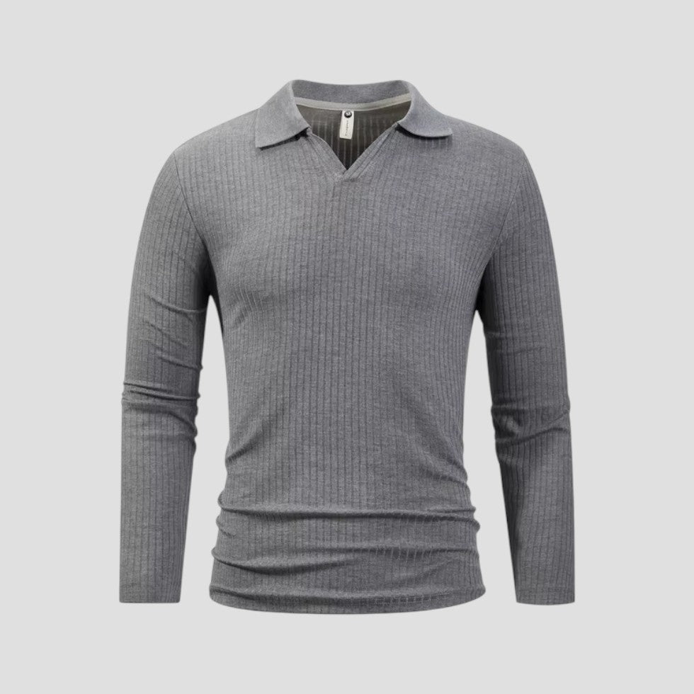 Herren-Poloshirt aus Baumwolle mit langen Ärmeln, Slim Fit, geripptes Oberteil mit V-Ausschnitt 4