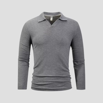 Herren-Poloshirt aus Baumwolle mit langen Ärmeln, Slim Fit, geripptes Oberteil mit V-Ausschnitt 4
