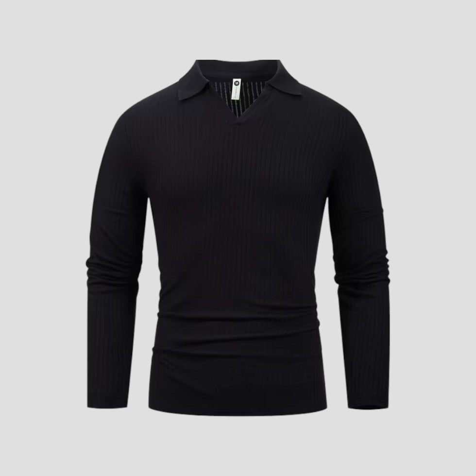 Herren-Poloshirt aus Baumwolle mit langen Ärmeln, Slim Fit, geripptes Oberteil mit V-Ausschnitt 6