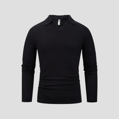 Herren-Poloshirt aus Baumwolle mit langen Ärmeln, Slim Fit, geripptes Oberteil mit V-Ausschnitt 6