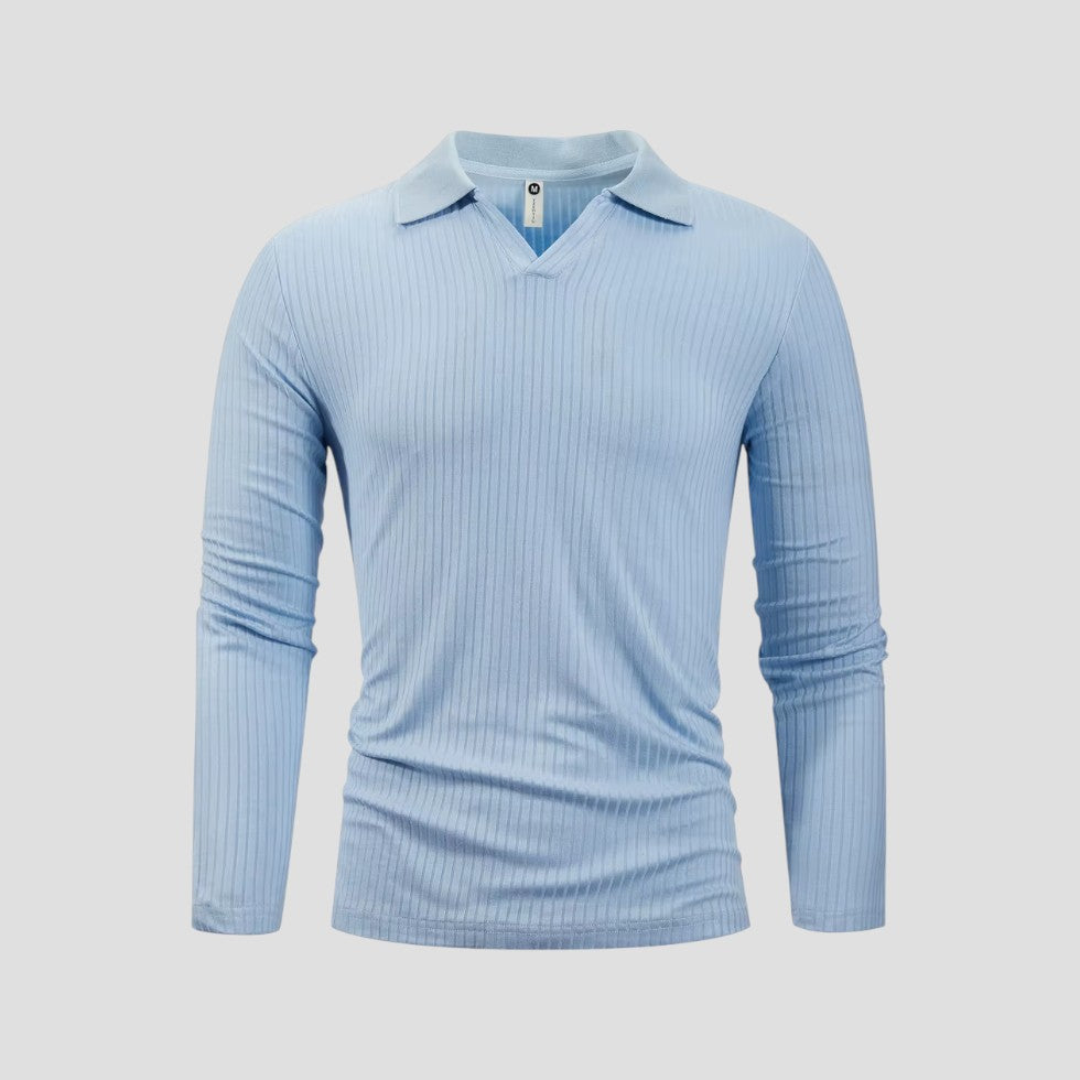 Herren-Poloshirt aus Baumwolle mit langen Ärmeln, Slim Fit, geripptes Oberteil mit V-Ausschnitt 7
