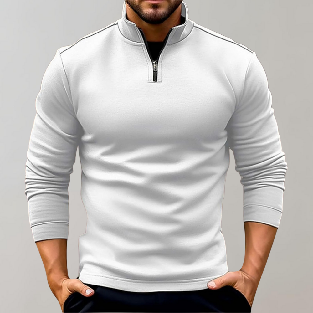 Herren-Pullover mit Viertelreißverschluss | Langarm | Pullover | Sweatshirt mit halbem Reißverschluss | Herren-Pullover mit Viertelreißverschluss-Weiß-S-Chaps Herrenmode