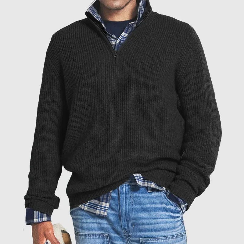 Herren-Pullover mit Viertelreißverschluss – Rippstrick – Pullover – Polo-Pullover – Strickpullover-Schwarz-S-Chaps Herrenmode
