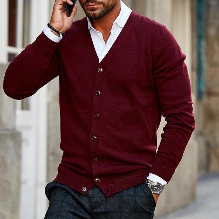 Herren Strickjacke Langarm V-Ausschnitt Mit Knöpfen - BerlinGlamour