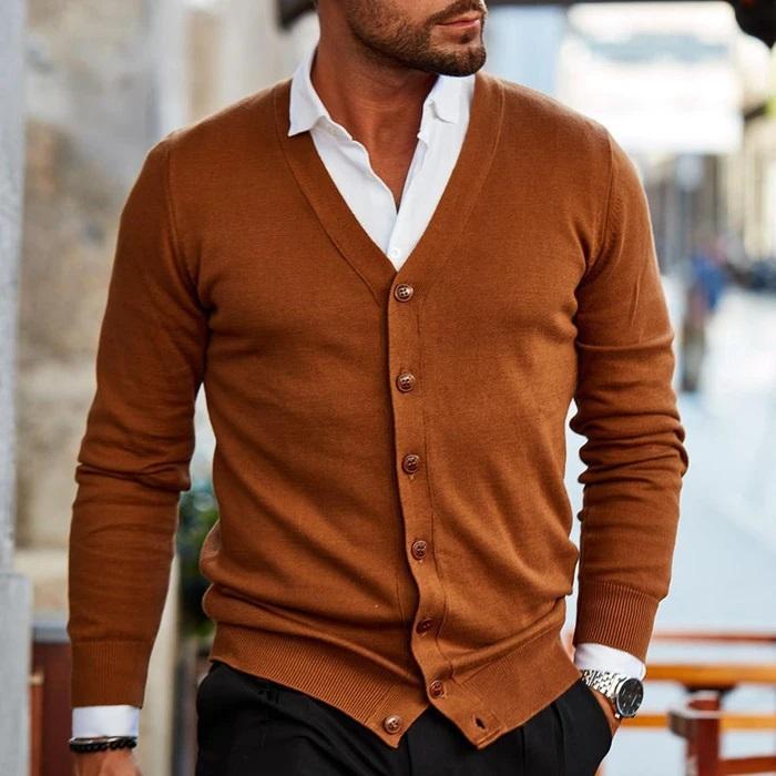 Herren-Strickjacke – V-Ausschnitt – zum Knöpfen – Strickjacke – Cardigan-Pullover-Dunkelbraun-S-Chaps Herrenmode