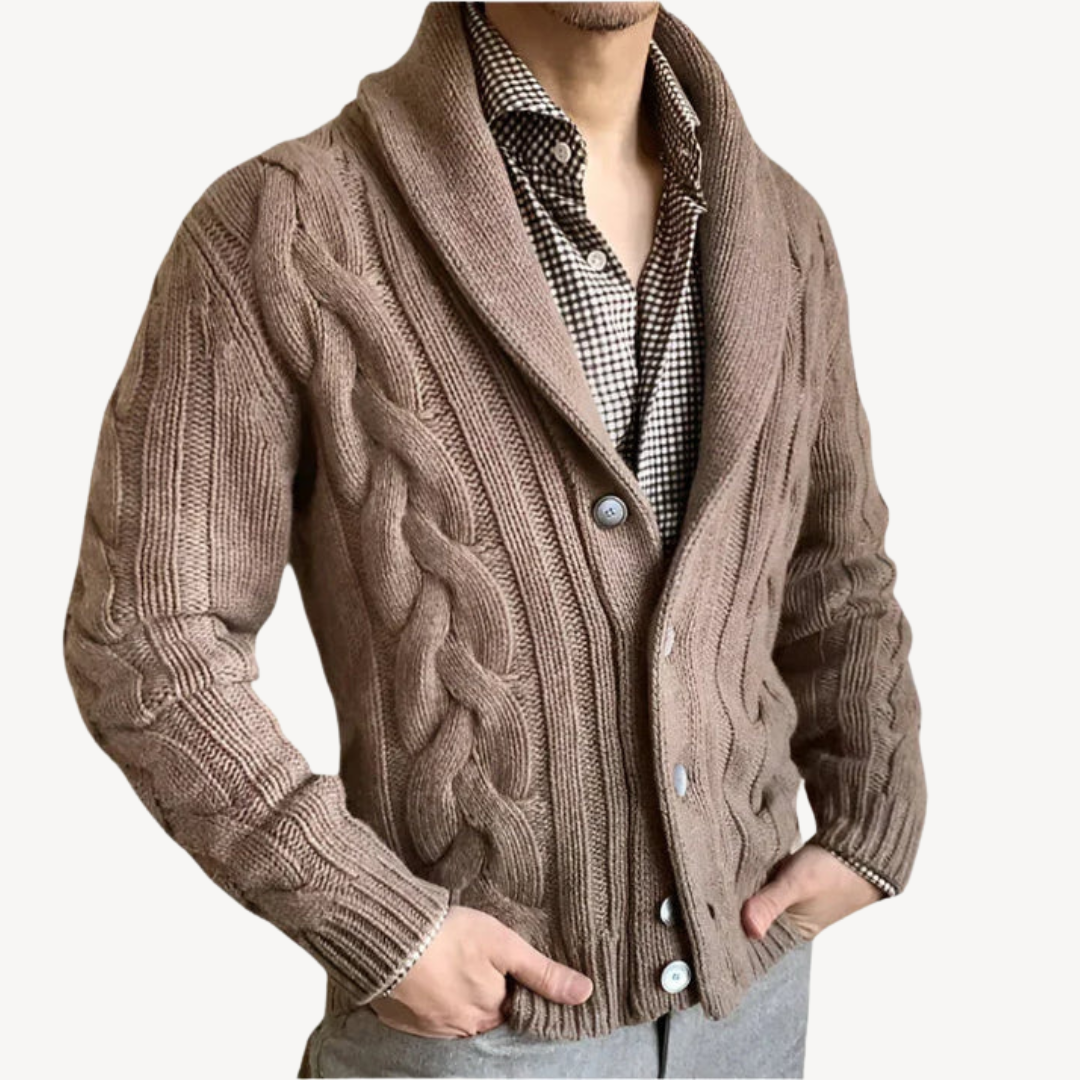 Herren-Strickjacke mit Zopfmuster und Schalkragen | Loravelle 1