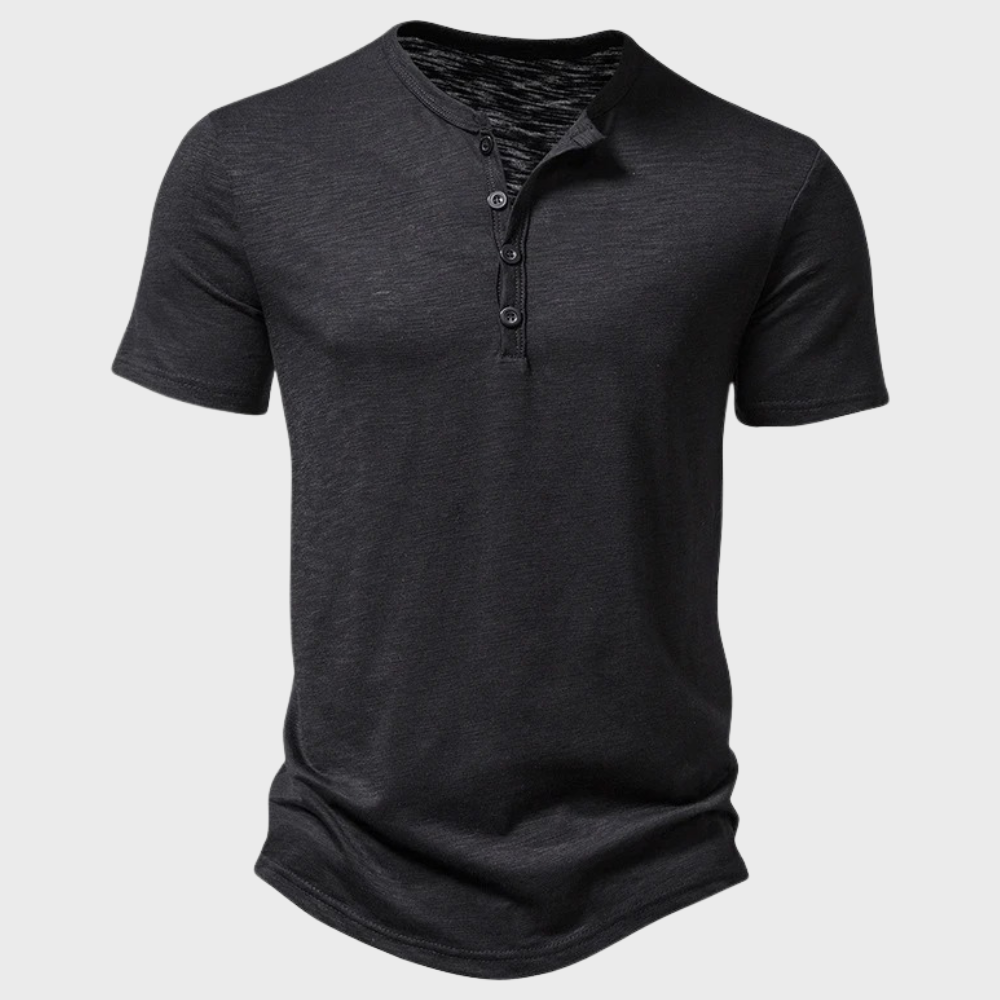 Herren T-Shirt | Leichtgewicht | Viertelknopf | Schlichtes T-Shirt | Freizeithemd-Schwarz-S-Chaps Herrenmode
