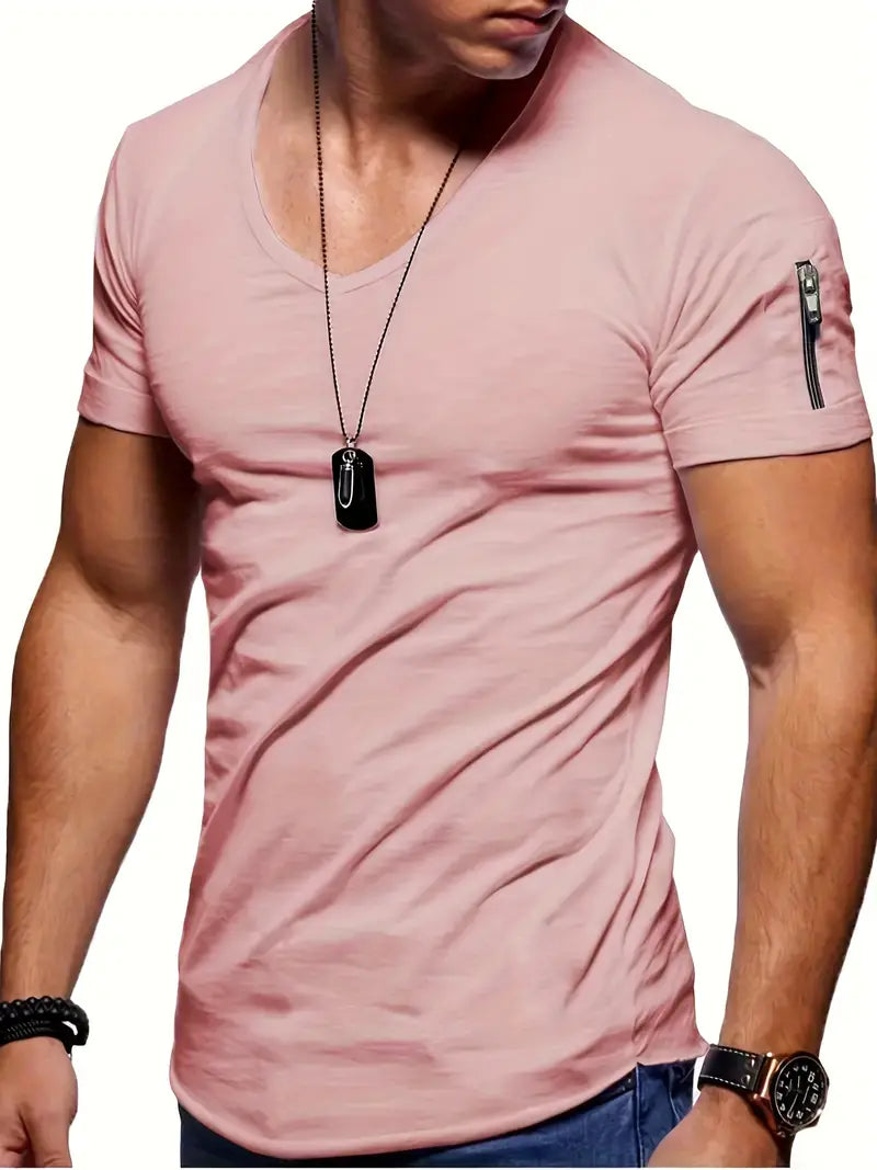 Herren-T-Shirt | Schmaler Schnitt | Einfarbig | T-Shirt mit V-Ausschnitt | Herrenbekleidung-Rosa-S-Chaps Herrenmode