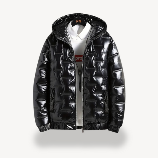 Herren Glänzende schwarze Pufferjacke mit Kapuze | Loravelle 0