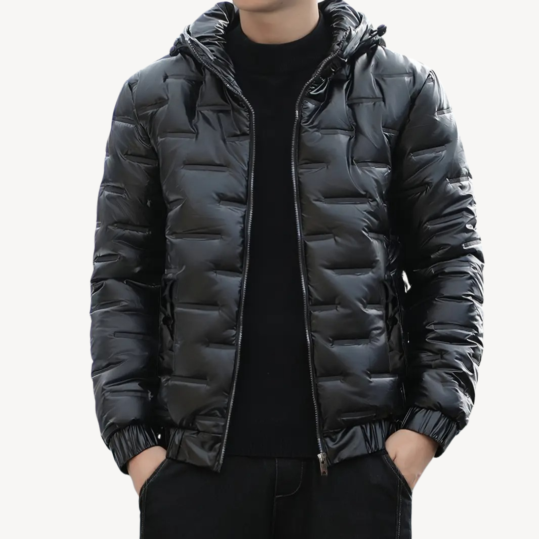 Herren Glänzende schwarze Pufferjacke mit Kapuze | Loravelle 1