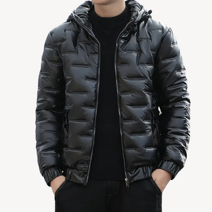Herren Glänzende schwarze Pufferjacke mit Kapuze | Loravelle 1