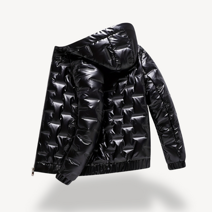 Herren Glänzende schwarze Pufferjacke mit Kapuze | Loravelle 2
