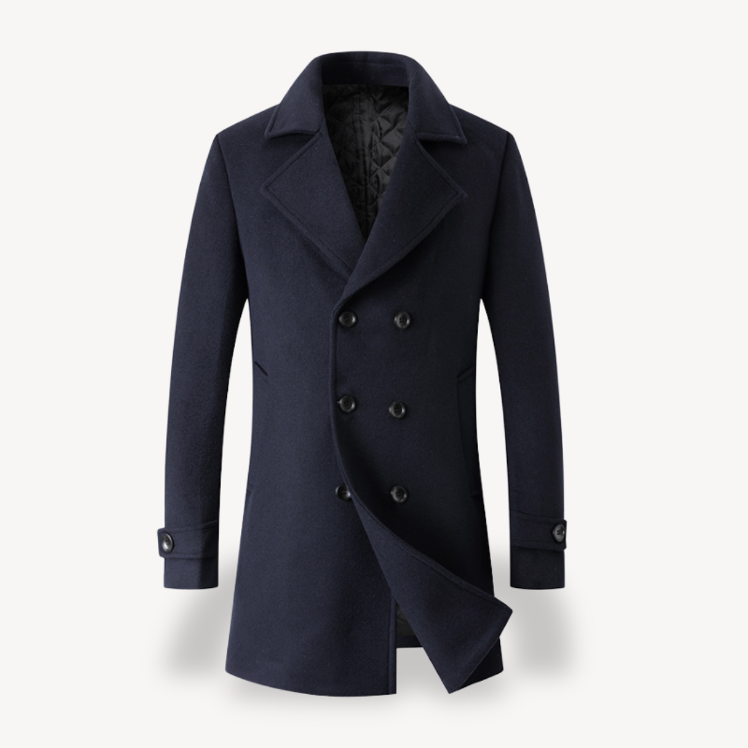 Herren Trenchcoat aus Wolle, zweireihig, in Marineblau, Grau, Camel, Schwarz | Loravelle 0
