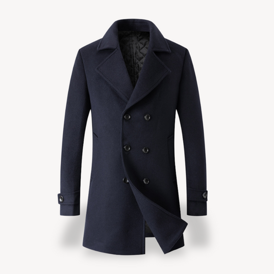 Herren Trenchcoat aus Wolle, zweireihig, in Marineblau, Grau, Camel, Schwarz | Loravelle 0