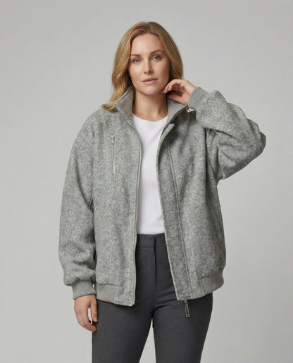 Wollmix-Übergangsjacke Weit mit Stehkragen und Reißverschlusstaschen Damen - BerlinGlamour
