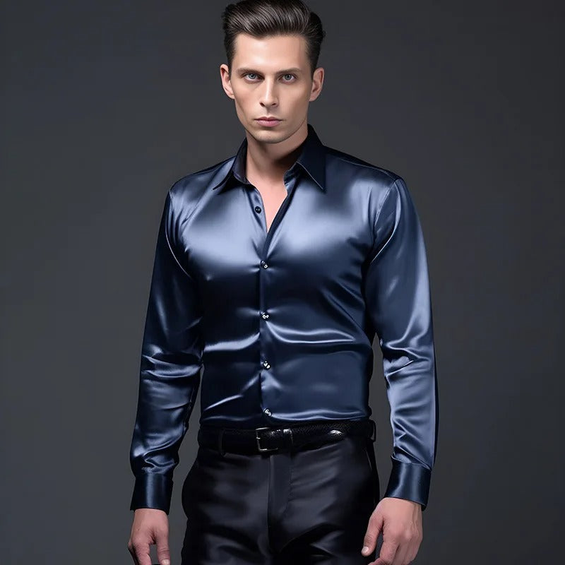 Herrenhemd | Langarm | Slim Fit | Hemd mit Knöpfen | Glänzendes Hemd-Blau-S-Chaps Herrenmode