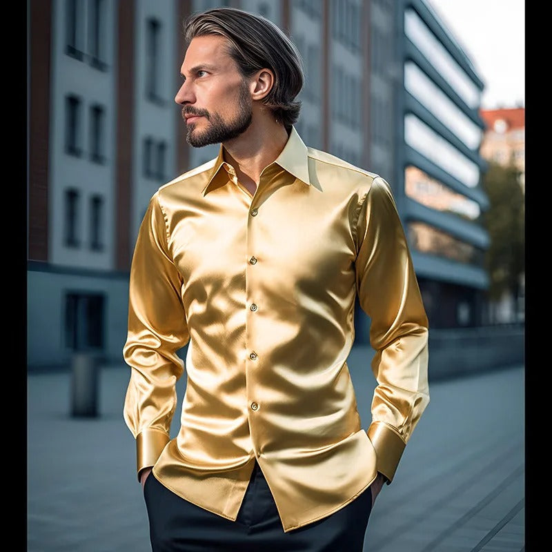 Herrenhemd | Langarm | Slim Fit | Hemd mit Knöpfen | Glänzendes Hemd-Gold-S-Chaps Herrenmode