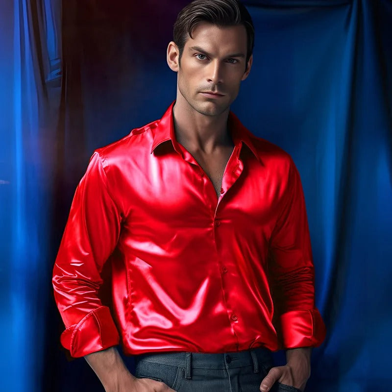 Herrenhemd | Langarm | Slim Fit | Hemd mit Knöpfen | Glänzendes Hemd-Rot-S-Chaps Herrenmode