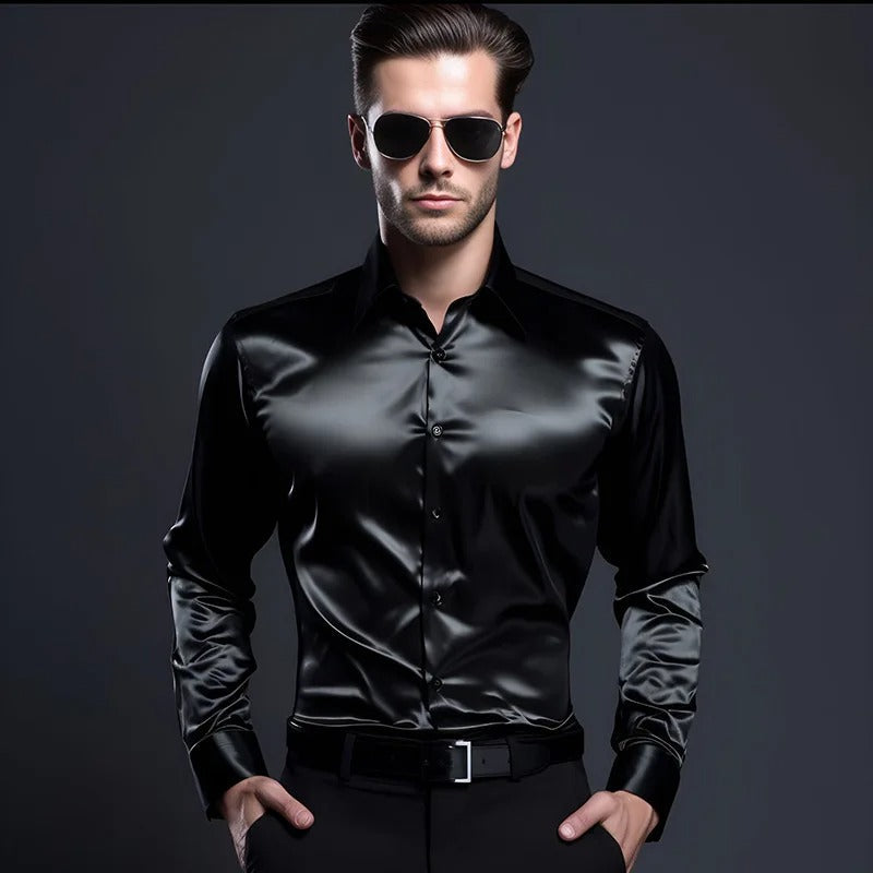 Herrenhemd Slim Fit Langarm Glänzend mit Knöpfen - BerlinGlamour