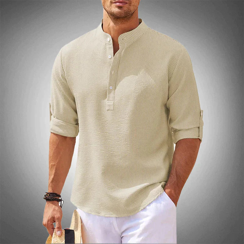 Herrenhemd - Loose Fit - Leichtgewicht - Langarm - Hemd mit halber Knopfleiste-Beige-XS-Chaps Herrenmode