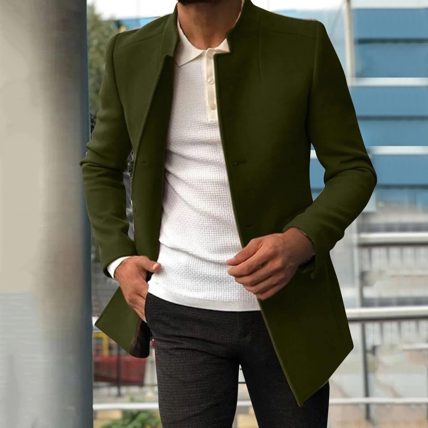 Herrenjacke – mittellang – Frühling – Blazerjacke – Trenchcoat Herren-Dunkelgrün-S-Chaps Herrenmode