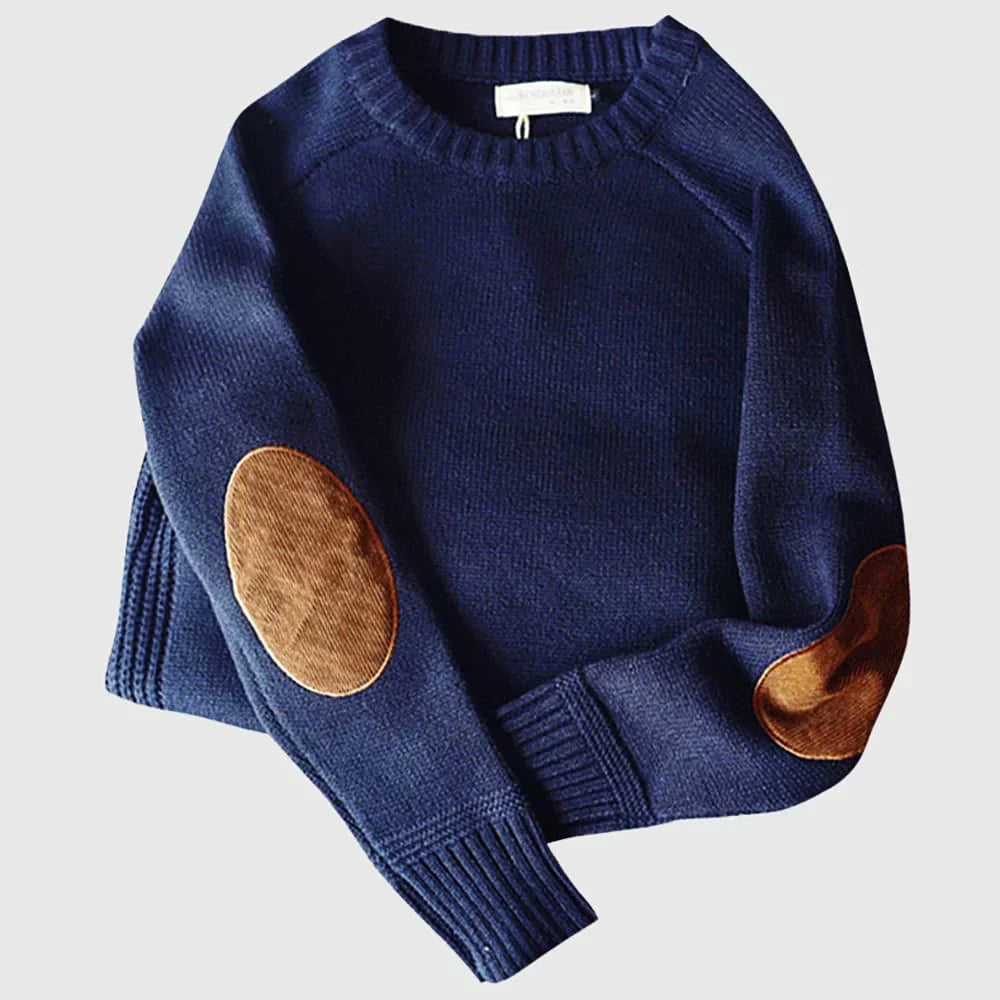 Herrenpullover – Ellbogen-Aufnäher – normale Passform – Herren-Strickpullover – Strickpullover-Blau-S-Chaps Herrenmode